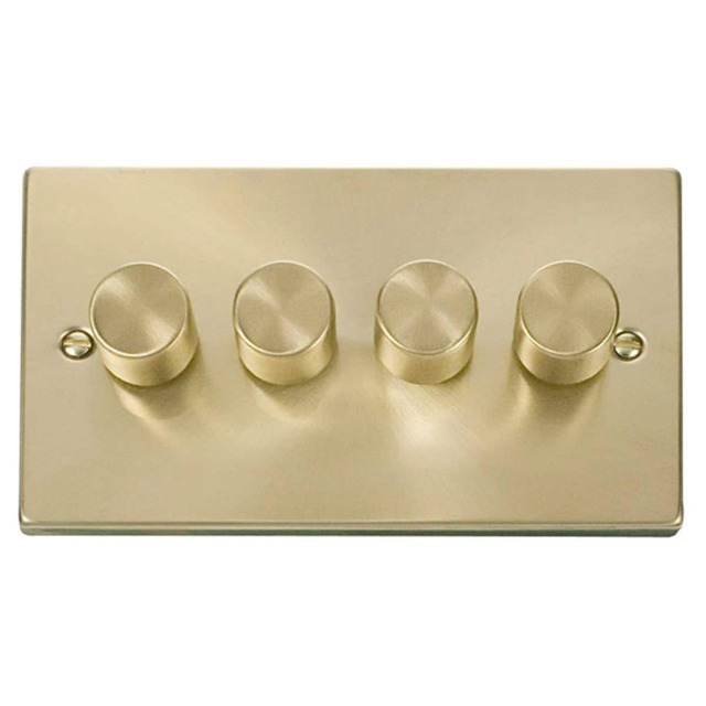 SE HOME Satin Brushed Brass 4 Gang 2 Way LED 100W Trailing Edge Dimmer Light Switch. Gold Satin Brass