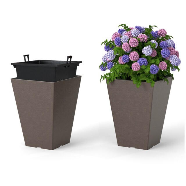 COSTWAY Square Taper Planter Set of 2 35cm Self-Watering Flower Pots-Brown