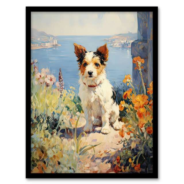 Jack Russell Terrier Floral Dog Portrait Oil Black Framed Wall Art Print A4