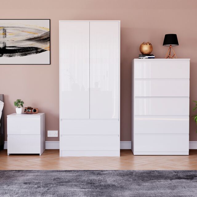 Vida Designs Glinton 3 Piece FSC Certified Bedroom Set (2 Drawer Bedside Chest, 5 Drawer Chest, 2 Door 2 Drawer Wardrobe), White White White L 3