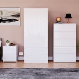 Vida Designs Glinton 3 Piece FSC Certified Bedroom Set (2 Drawer Bedside Chest, 5 Drawer Chest, 2 Door 2 Drawer Wardrobe), White White White L 3