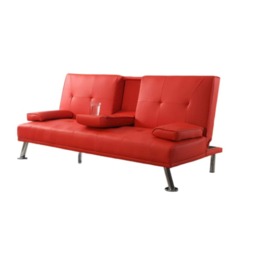 Faux Leather Clic Clac Luxury Sofa Bed with Drink Cup Holder In Red