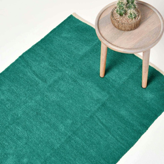 Homescapes Teal Green Cotton Plain Chenille Rug with Natural Trim - 60 x 100 cm Green Teal Green
