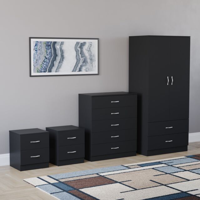 Vida Designs Riano 4 Piece Bedroom Set (2x 2 Drawer Bedside Chest, 5 Drawer Chest, 2 Door 2 Drawer Wardrobe) - Black