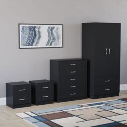 Vida Designs Riano 4 Piece Bedroom Set (2x 2 Drawer Bedside Chest, 5 Drawer Chest, 2 Door 2 Drawer Wardrobe) - Black