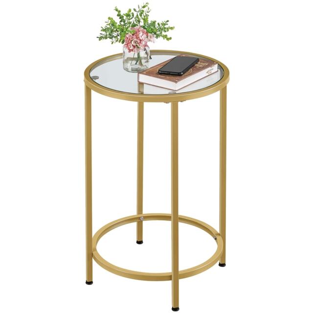 Yaheetech Modern Round End Table with Tempered Glass Top - Gold