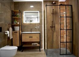Freestanding Bathroom Furniture Set 800mm Vanity Unit with Tall Cabinet Black Steel Industrial Frame Oak Loft Storage Brook