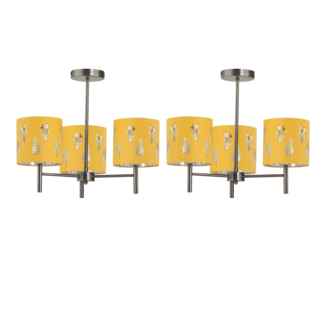Set of 2 Brea - Antique Brass 3 Light Fittings with Ochre Fern Shades Yellow Yellow 2