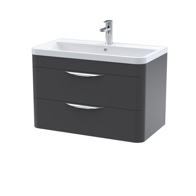Balterley Wave Contemporary Wall Hung 2 Drawer Bathroom Vanity Unit & Ceramic Basin Grey Soft Black