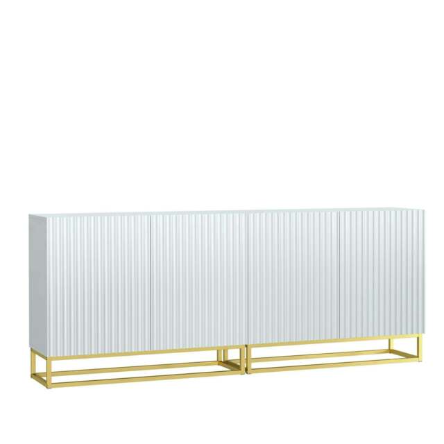 White Sideboard 200cm Fluted Doors Gold Frame Modern Storage Unit Multi