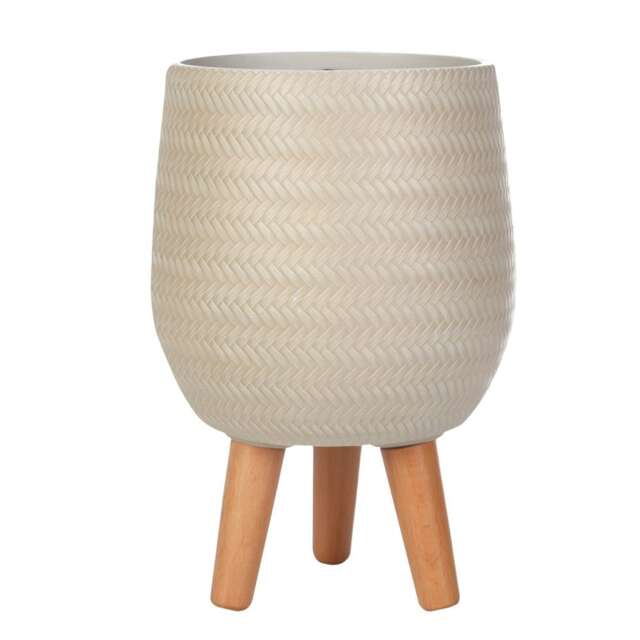 Plaited Style Beige Planter with Legs, Round Indoor Plant Pot Stand for Indoor Plants by Idealist Lite D21 H34 cm, 6L