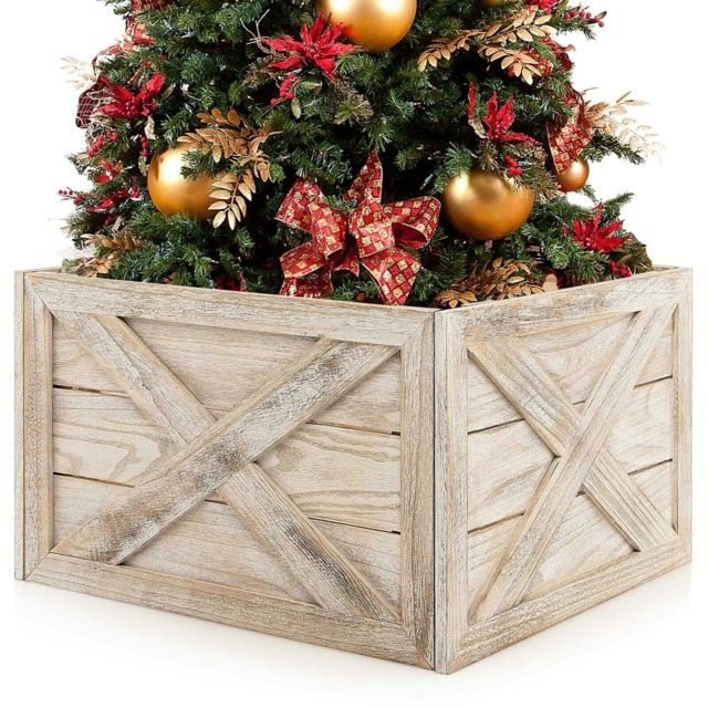 COSTWAY Christmas Tree Collar Box Wooden Tree Box Stand Brown One Size