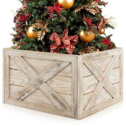 COSTWAY Christmas Tree Collar Box Wooden Tree Box Stand Brown One Size