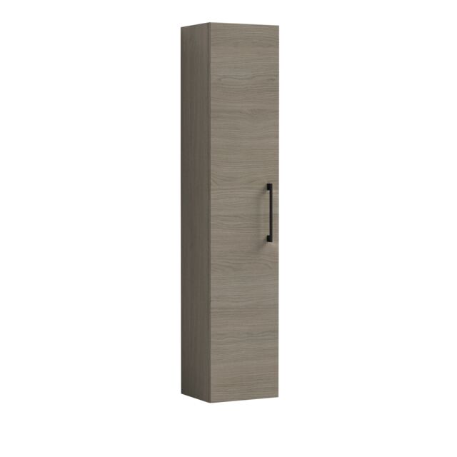 Balterley Level Modern Bathroom 1 Soft Close Door Wall Hung Tall Storage Unit, Woodgrain Mid Oak with Handle Brown Solace Oak