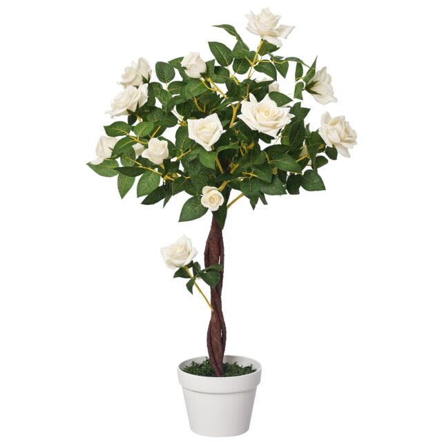 Outsunny 90cm3FT Artificial Rose Tree, Fake Decorative Plant with Pot, UV-Resistant FauTree for Outdoor Indoor Home Office Decor, White