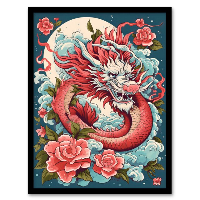 Fantasy Dragon Floral Red Roses 2024 Chinese Year Black Framed Wall Art Print A4