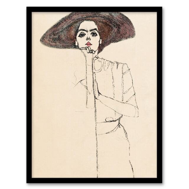 Egon Schiele Framed Wall Art Print Portrait of a Woman with a Hat Home Décor