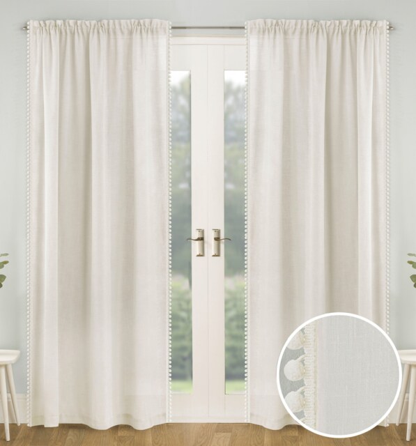 Pair of Tahiti Cream Pom-Pom Trim Linen Look Voile Panels with Rod Pocket Header 183 CMS