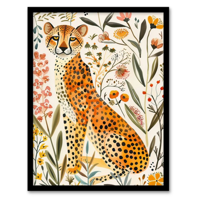Happy Cheetah with Wildflowers Watercolour Black Framed Wall Art Print A4
