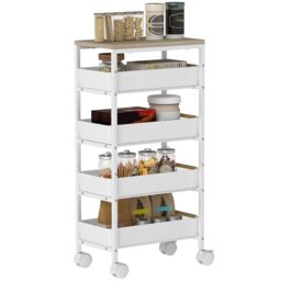 HOMCOM Kitchen Storage Trolley Mobile Utility Cart for Kitchen Office White White