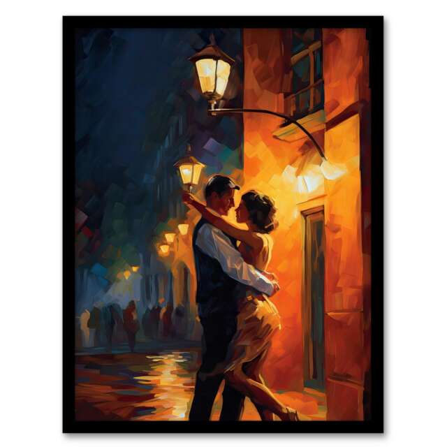 Dancing Street Light Oil Orange Lovers Black Framed Wall Art Print A4