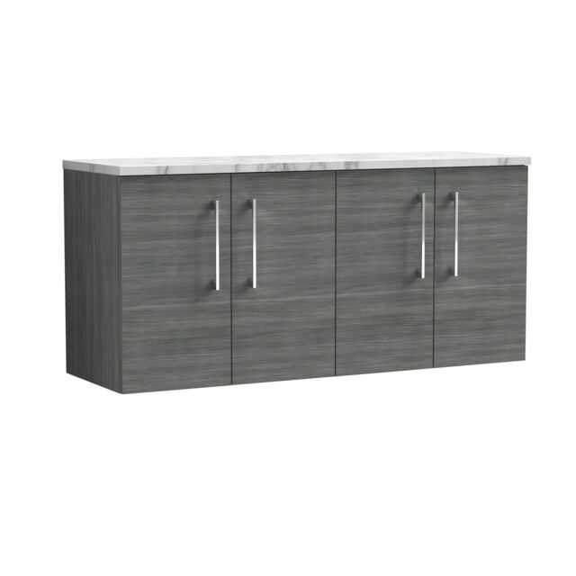 Balterley Level Wall Hung 2 Door Vanity Unit with Laminate Worktop for Modern Bathroom Storage Grey Anthracite Woodgrain