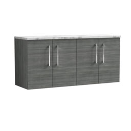 Balterley Level Wall Hung 2 Door Vanity Unit with Laminate Worktop for Modern Bathroom Storage Grey Anthracite Woodgrain