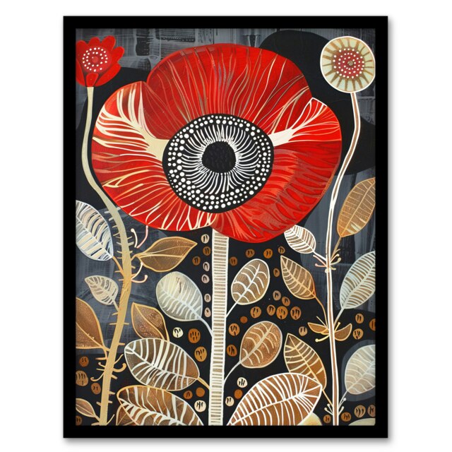 Poppy Flower Red Gold Grey Modern Folk Art Black Framed Wall Art Print A4