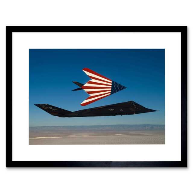 "USAF F-117 Nighthawks Flight American Flag Stealth Jet 9x7"" Black Framed Wall Art Print"