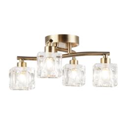 Modern Antique Brass 4-Bulb Ceiling Light with Square Clear Ice Cube Shades Gold Antique Brass 1