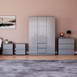Vida Designs Glinton 4 Piece FSC Certified Bedroom Set (2 Drawer Bedside Chest x2, 3 Drawer Chest, 3 Door 2 Drawer Wardrobe), Grey Grey Grey