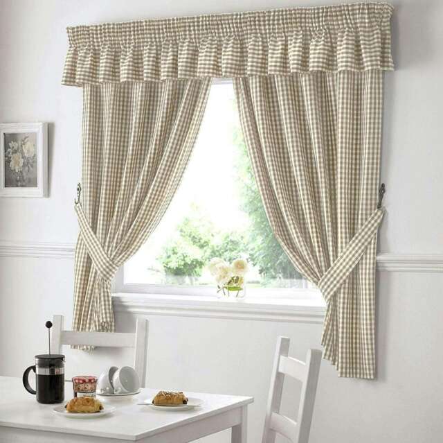 Gingham Kitchen Curtains - Beige - 117cm x122cm