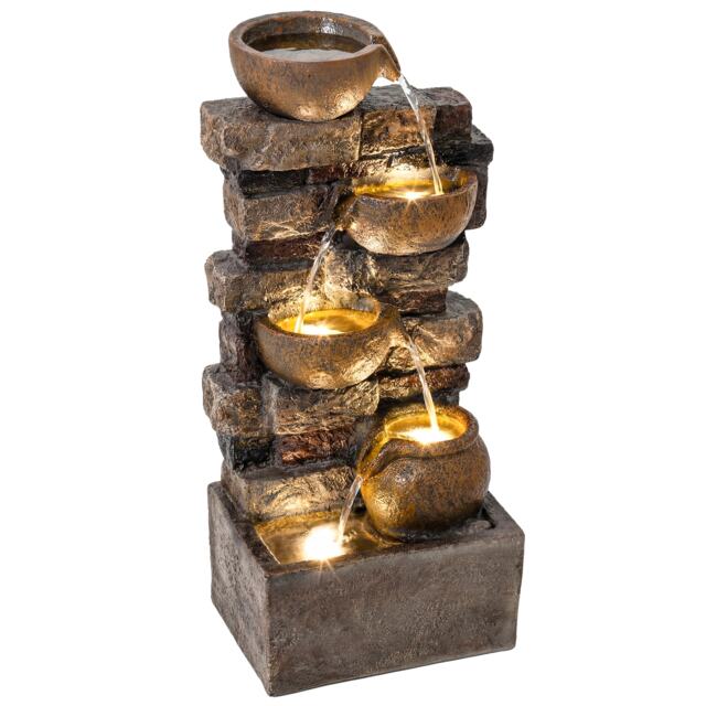 Outsunny Outdoor Fountain with LED Lights, Cascading Waterfall Feature Brown Rustic Brown 31 x 25.5 x 72 cm