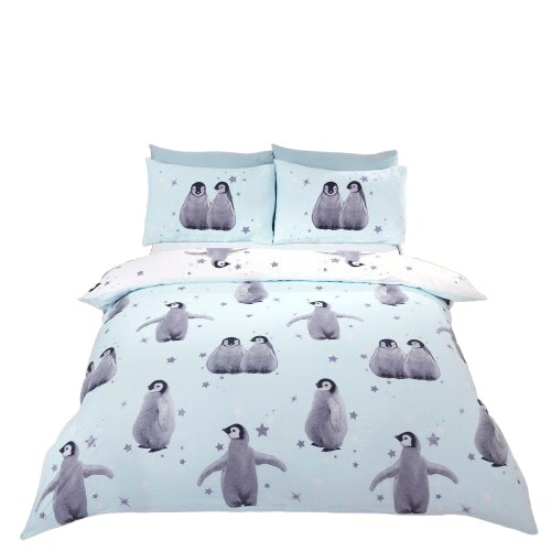 Starry Penguins Polycotton Duvet Cover Set With Pillowcase Blue King 1