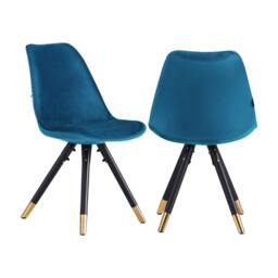 Set of 2 Sofia Ergonomic Modern Dining Chairs Upholstered in Velvet, Metal Legs with Gold End Tips Blue