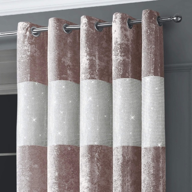 Intimates Diamante Crushed Velvet Ready Made Eyelet Curtains - 117cm x 137cm Pink Blush