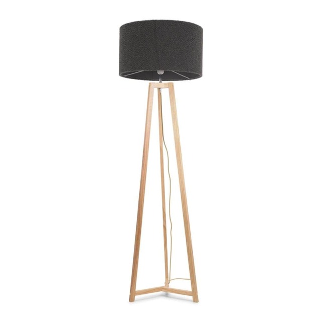 ValueLights Lottie Natural Wood Tripod Floor Lamp Charcoal Boucle Shade and Bulb