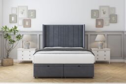 "Sloomy Hargrave Steel Plush Ottoman Bed Base With 54"" Wingback Headboard 5' King Grey Steeel King 1"