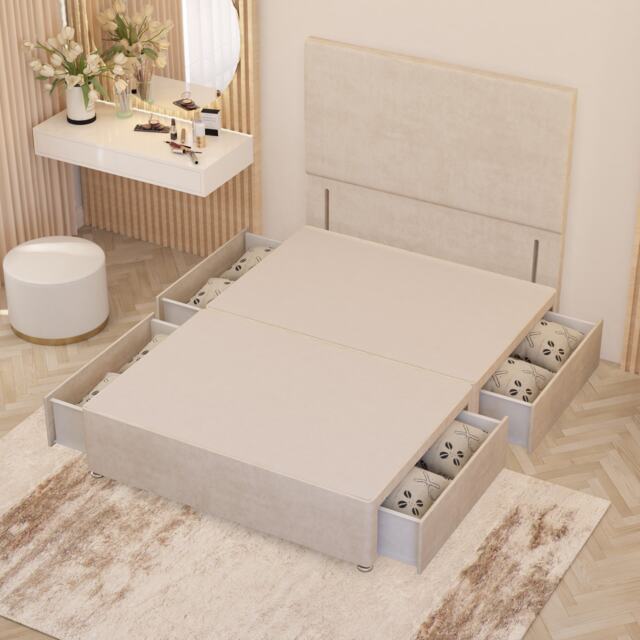 Divan Bed Base with 4 Drawers & Plain Floor Standing Headboard Plush Velvet Cream Ivory
