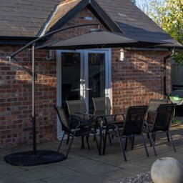 Outdoor 6 Person Rectangular Glass Top Garden Dining Table Chairs With Black Banana Parasol and Base