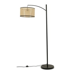 ValueLights Preto Black Metal Curve Stem Floor Lamp Wicker Shade with Black Trim and Bulb