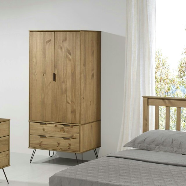 Augusta Industrial Style Pine Wardrobe with 2 Doors and 2 Drawers for Bedroom Storage Brown Brown One Size 1