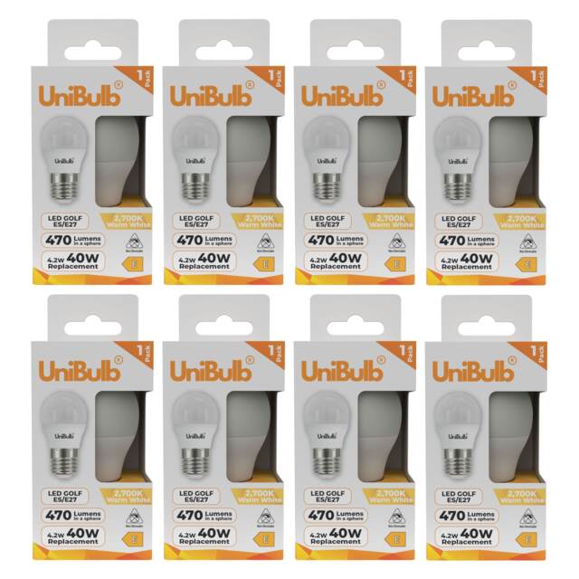 UniBulb LED Golf Ball E27 Edison Screw (ES) 470lm 4.2W (Replaces 40W) 2700K (Warm White) Light Bulb - Pack of 8