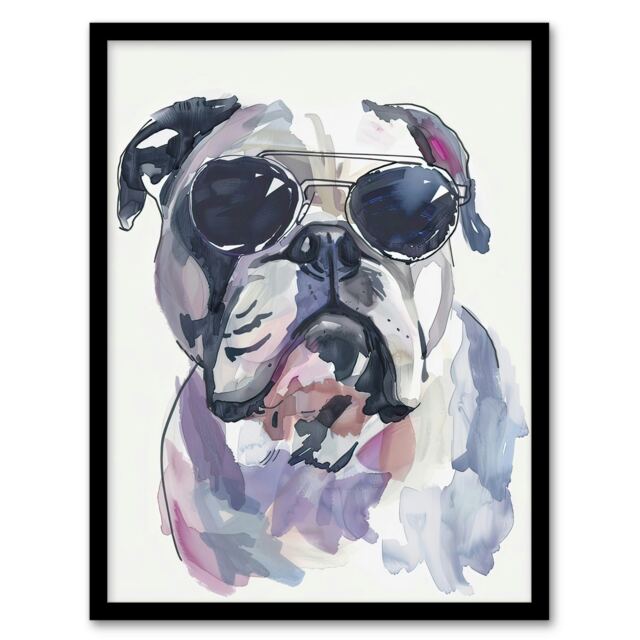 English Bulldog in Aviator Sunglasses Watercolour Black Framed Wall Art Print A4