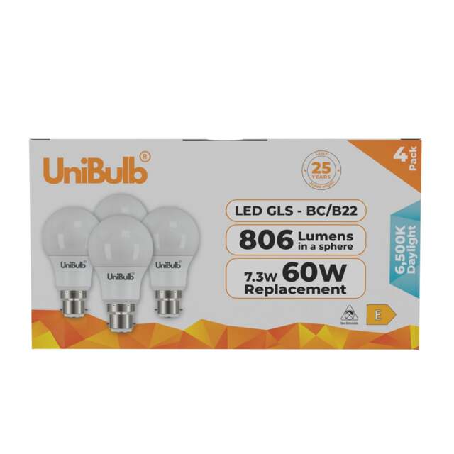 UniBulb LED GLS B22 Bayonet Cap (BC) 806lm 7.3W (Replaces 60W) 6500K (Daylight) Light Bulb - Pack of 4 White Daylight 4