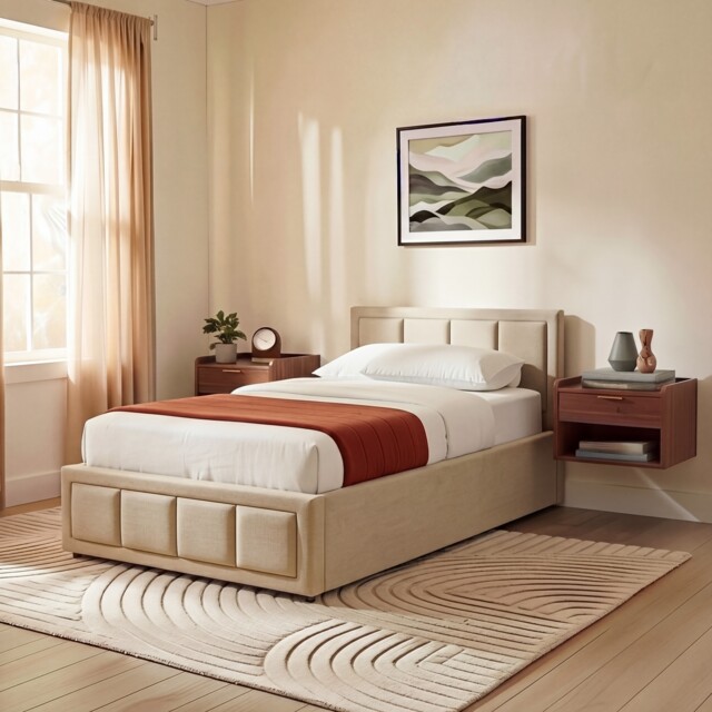Vida Designs Vanita Single Ottoman Lift Up Storage Space Fabric Bed Frame, Beige