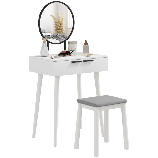 HOMCOM Dressing Table Vanity Set Make Up Desk with Mirror & Stool White White