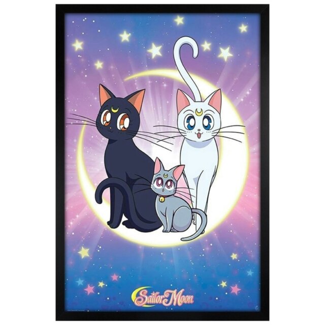 Black Wooden Framed Sailor Moon Luna, Artemis and Diana Maxi Poster Multi