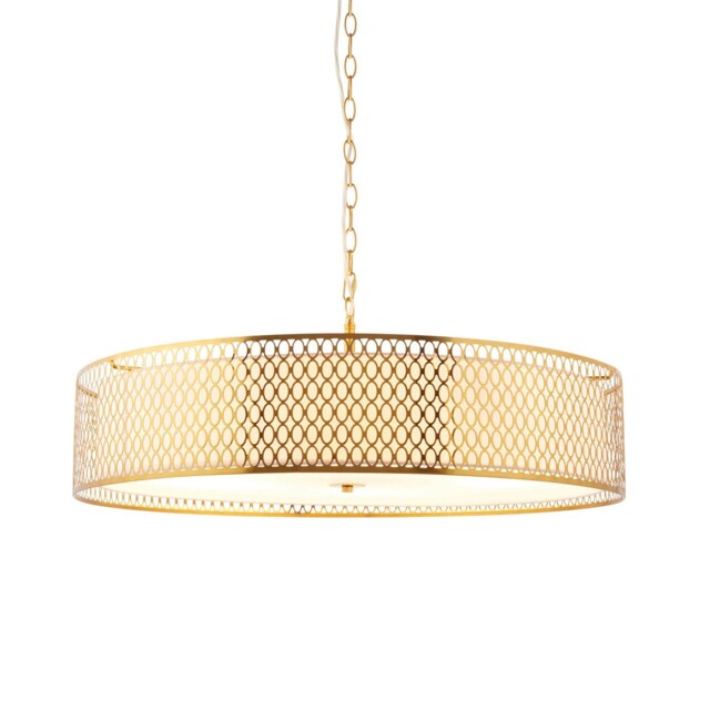 Cordero Cylindrical Pendant Ceiling Light Gold Effect Plate, White Fabric & Frosted Glass 5x E27