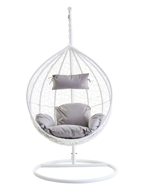 Orsina Stylish White Hanging Chair, Plush Comfort Lounge Chair, Stable Lawn Chair, Modern Chair with grey cushions